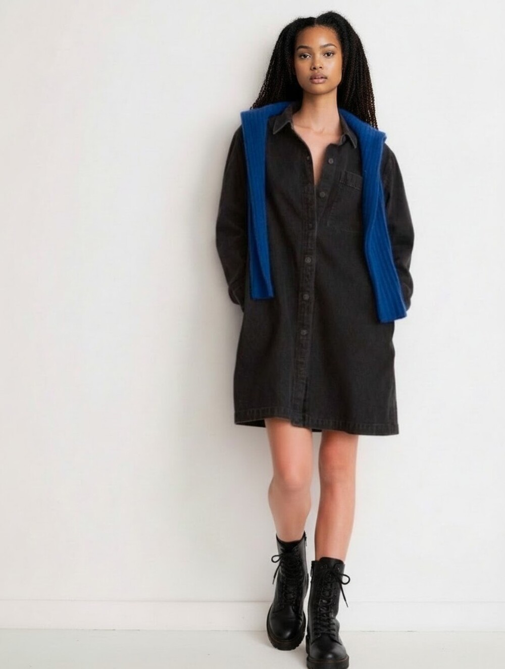 Madewell Denim Oversized Mini Shirtdress Size XXS Black Long Sleeve Pockets